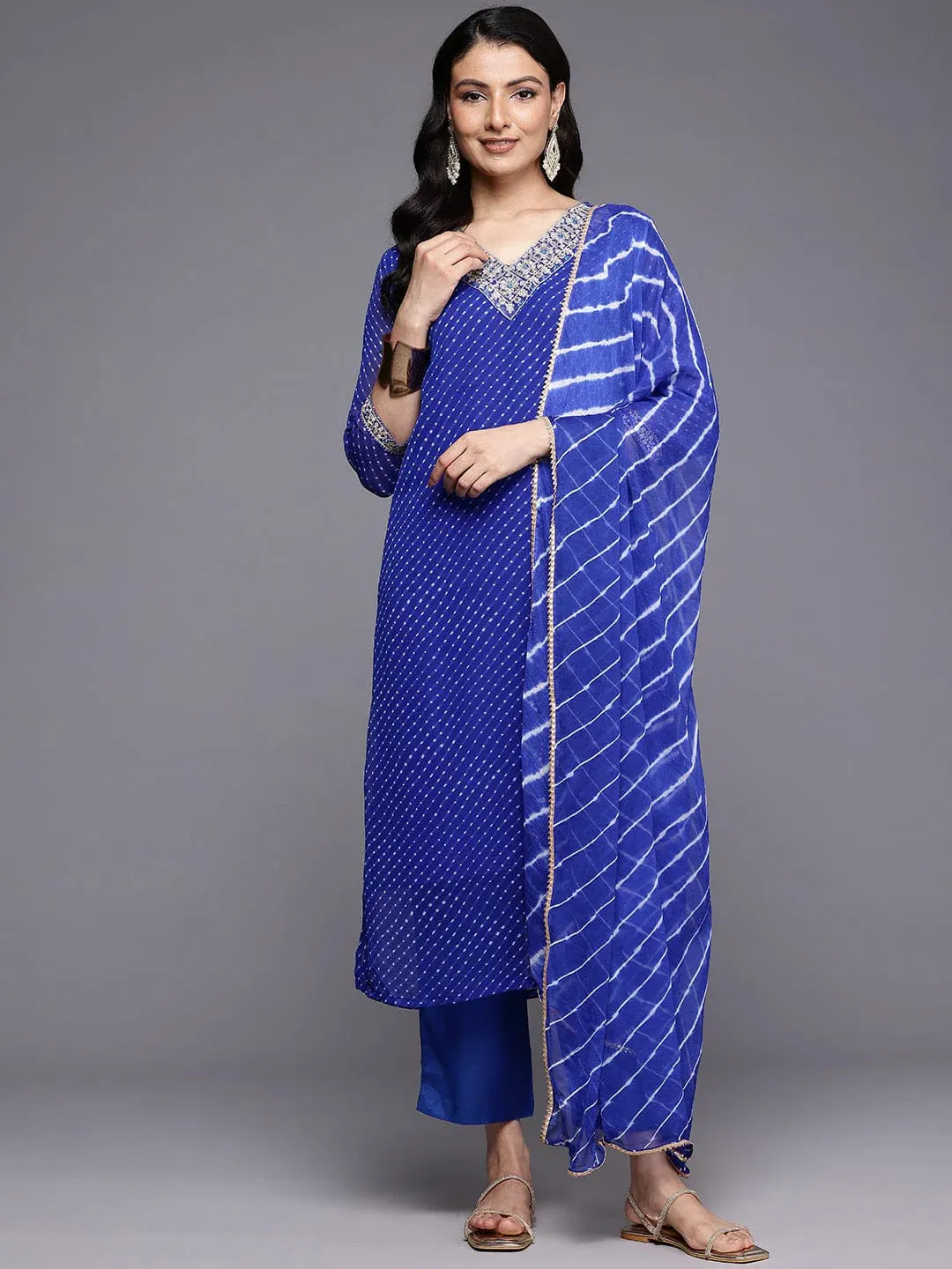 Blue Bandhani Zari & Sequins Embroidered Silk Georgette Kurta with Shatoon Botton and a Silk Chiffon Dupatta