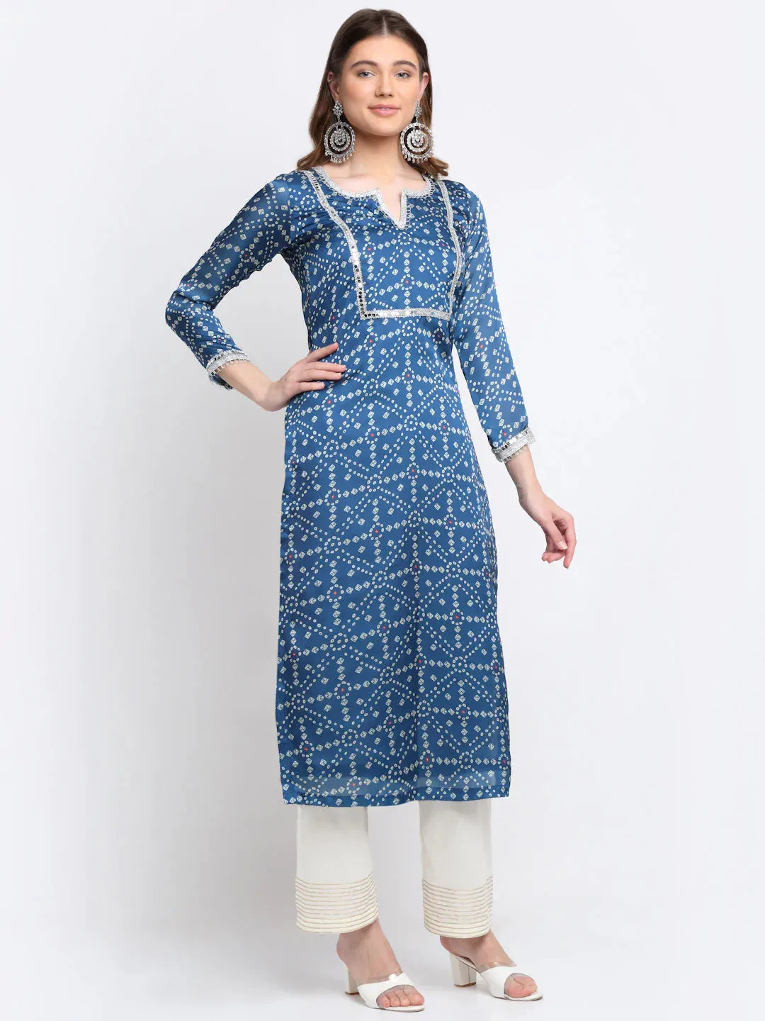 Blue Satin Georgette Bandhani Print Kurta Palazzo Set