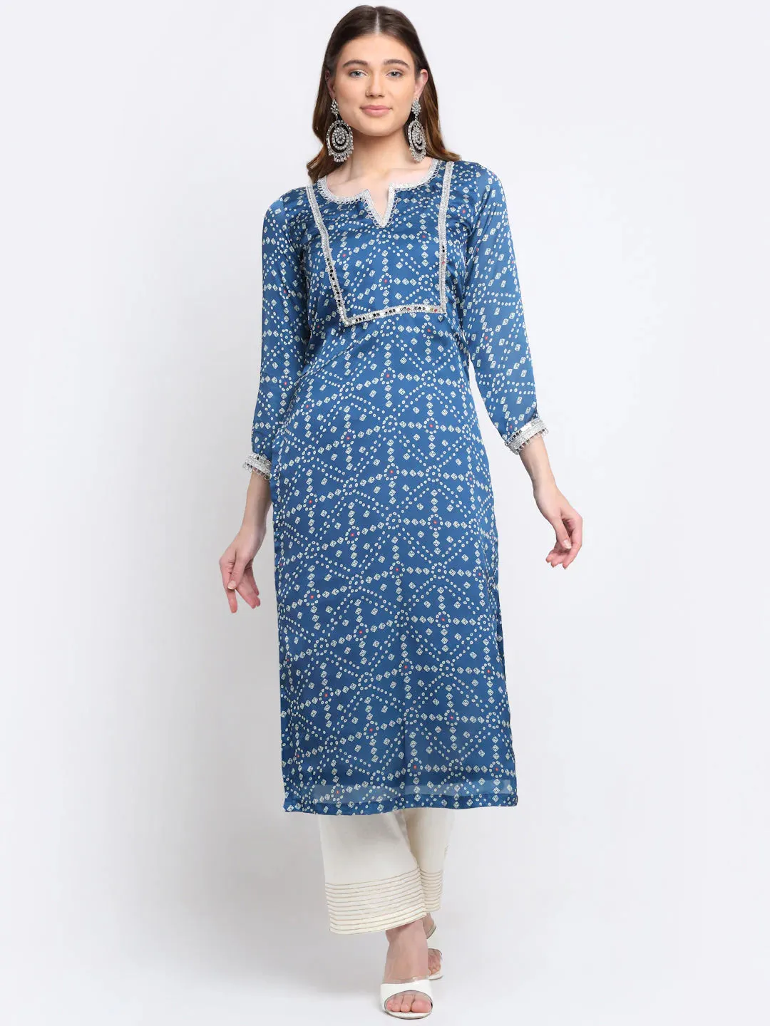 Blue Satin Georgette Bandhani Print Kurta Palazzo Set