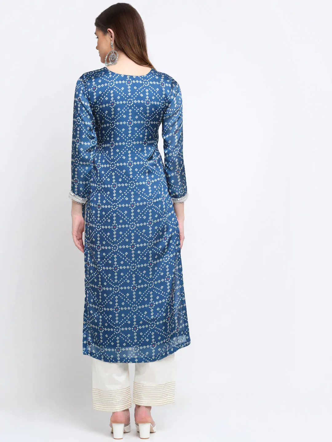 Blue Satin Georgette Bandhani Print Kurta Palazzo Set