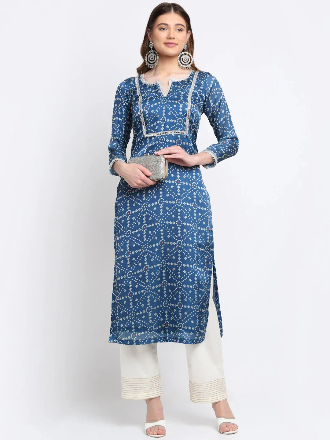 Blue Satin Georgette Bandhani Print Kurta Palazzo Set