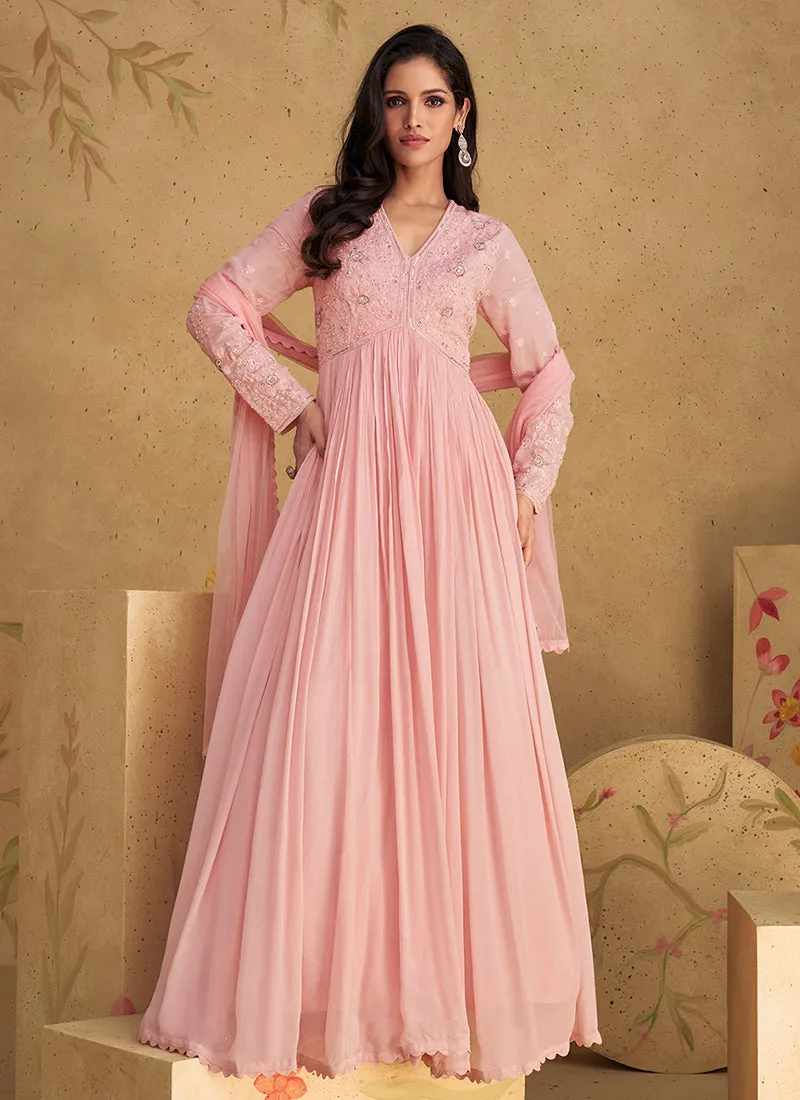 Blush Pink Handwork Embroidered Anarkali Gown Dress