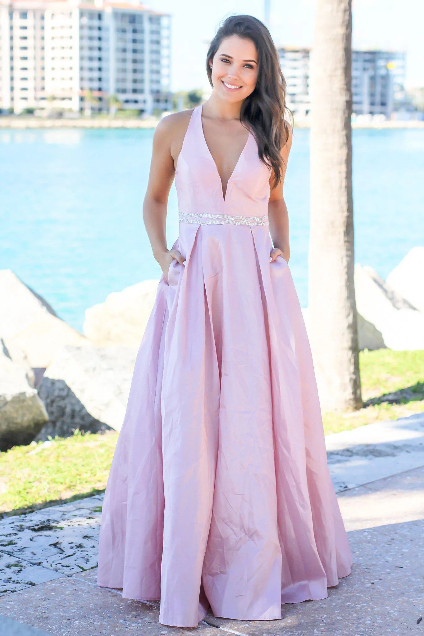 Blush V-Neck Maxi Dress with Open Back