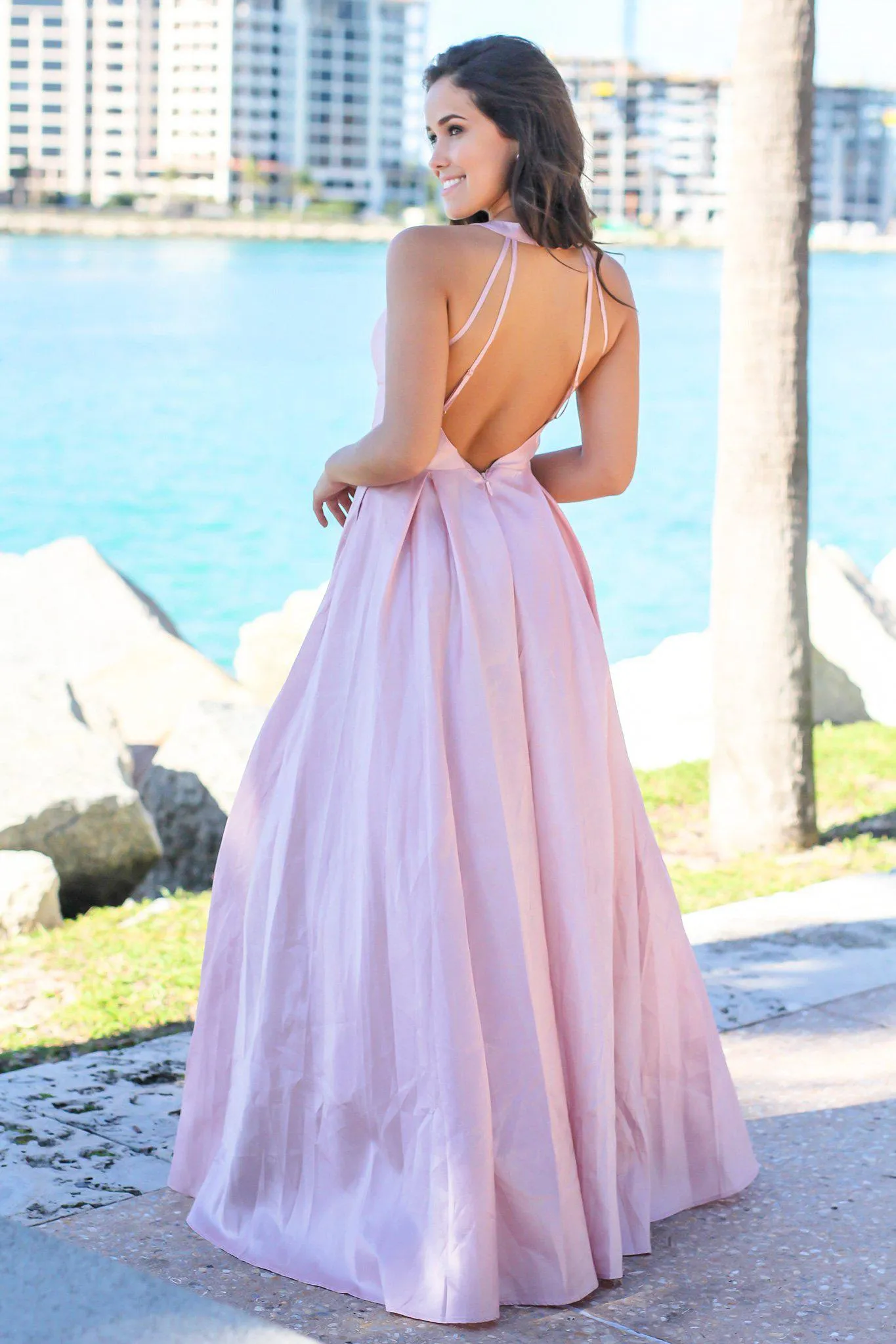 Blush V-Neck Maxi Dress with Open Back