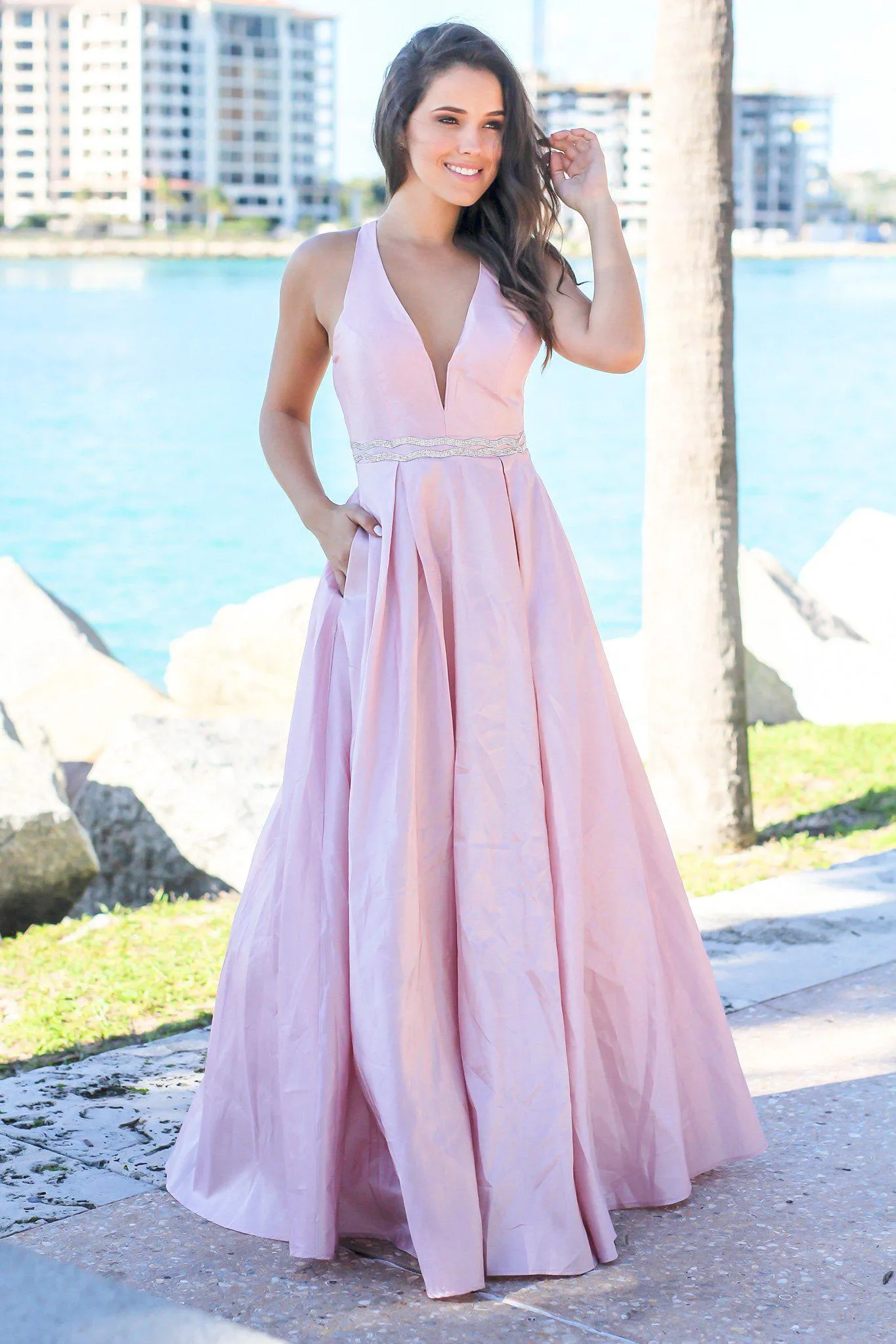 Blush V-Neck Maxi Dress with Open Back