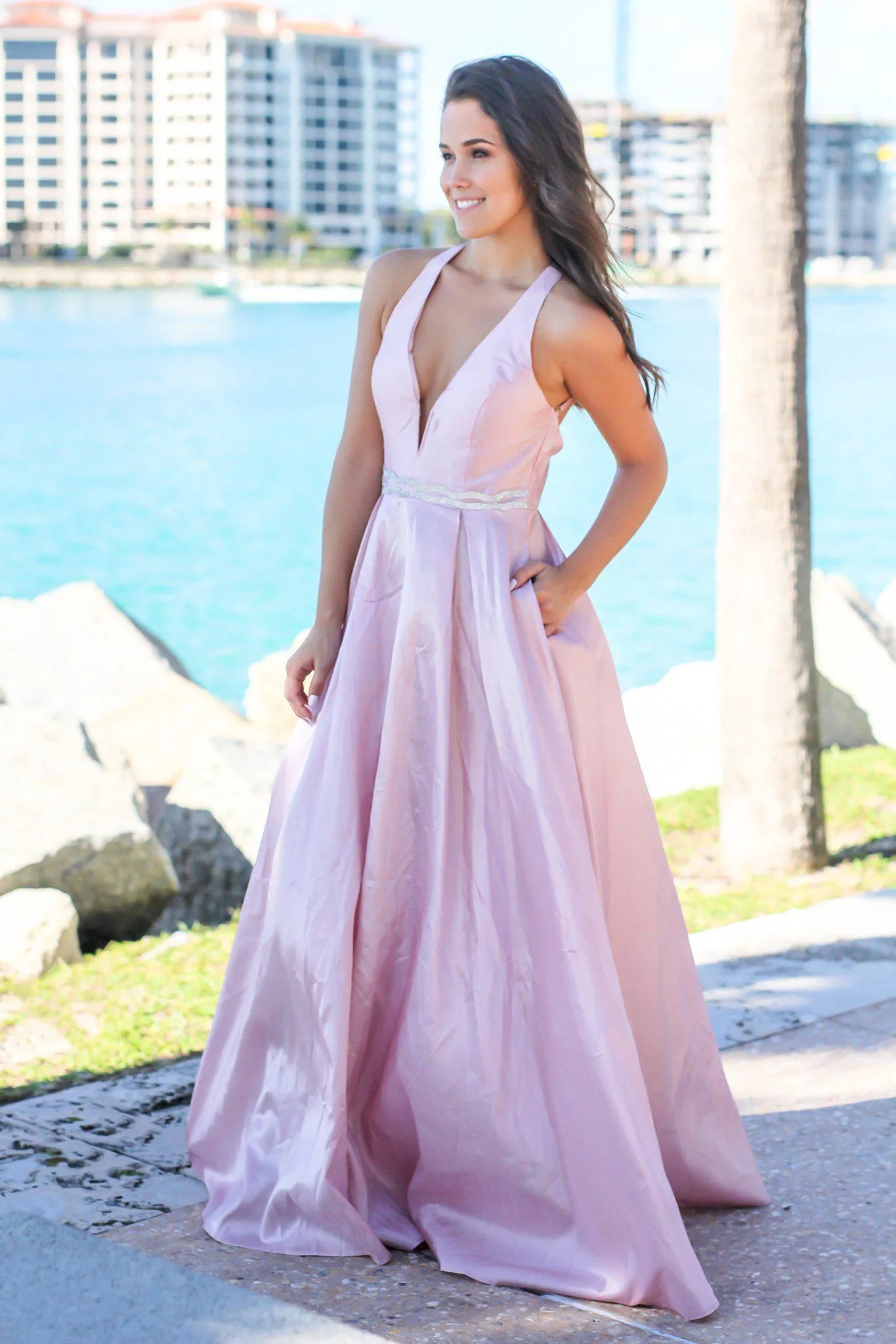 Blush V-Neck Maxi Dress with Open Back