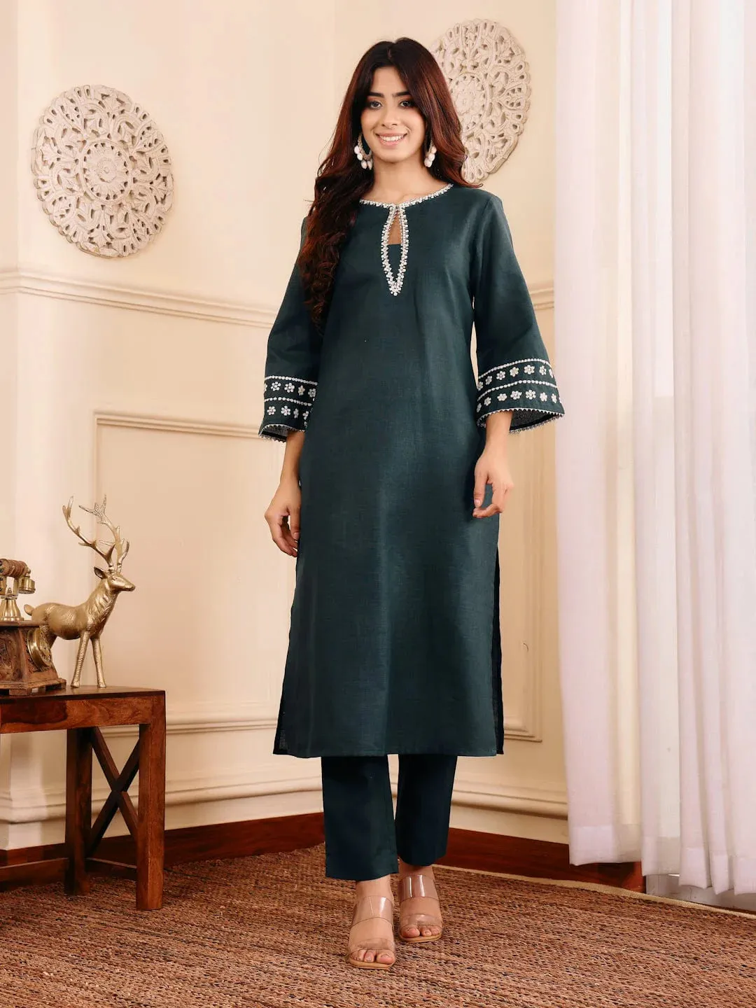 Bottle Green Cotton Blend Embroidered Kurta Set