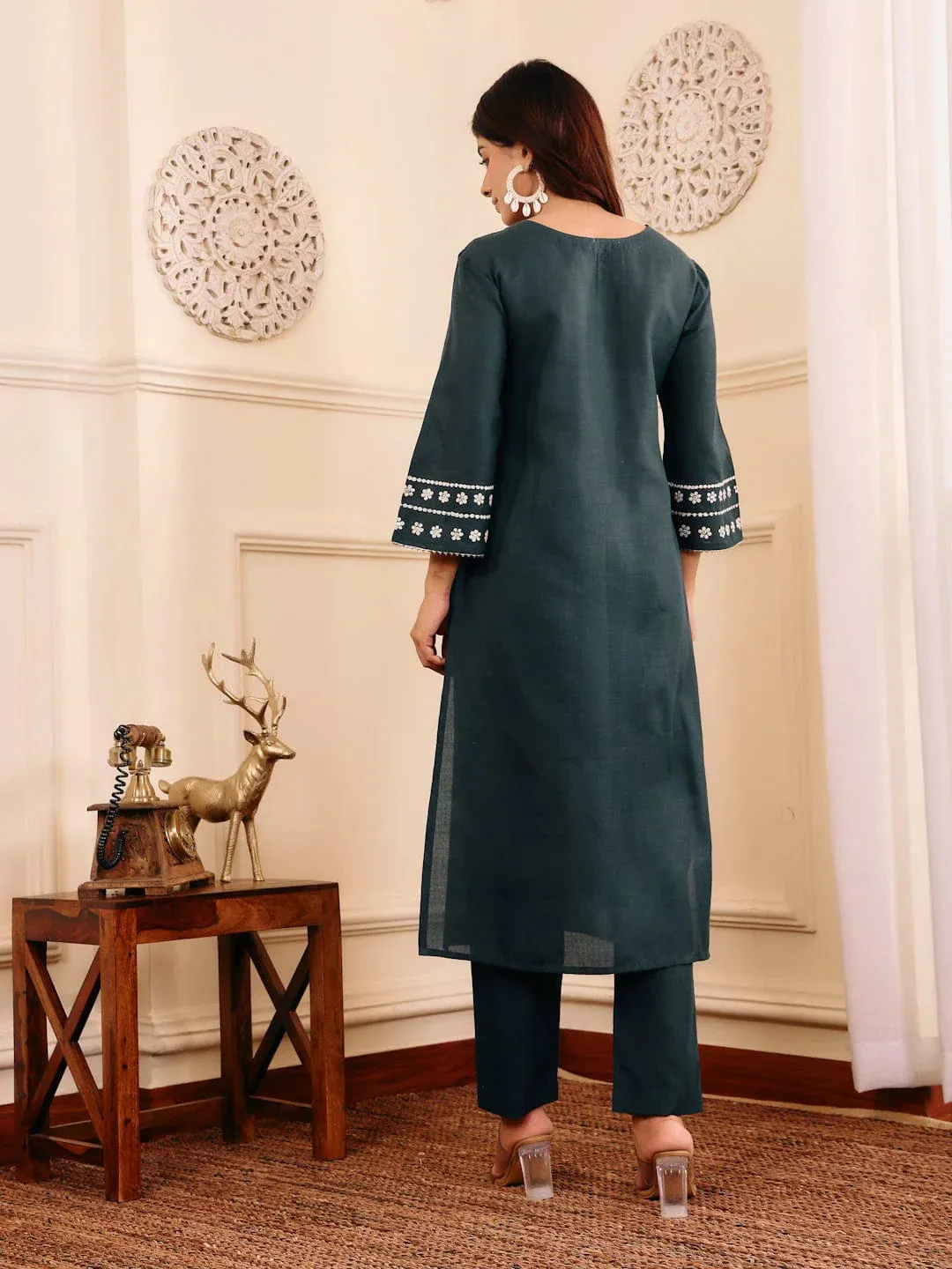 Bottle Green Cotton Blend Embroidered Kurta Set