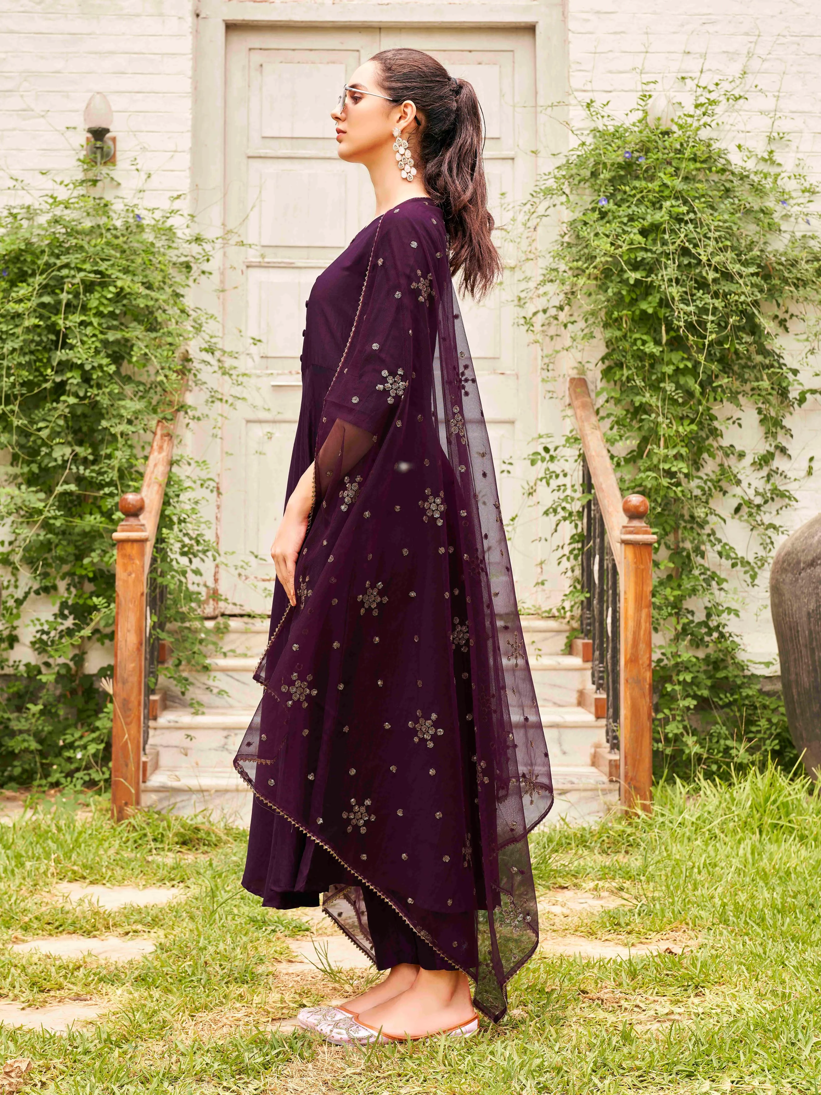 Burgundy Solid Poly Crepe A Line Suit Set with Net Zari Dupatta