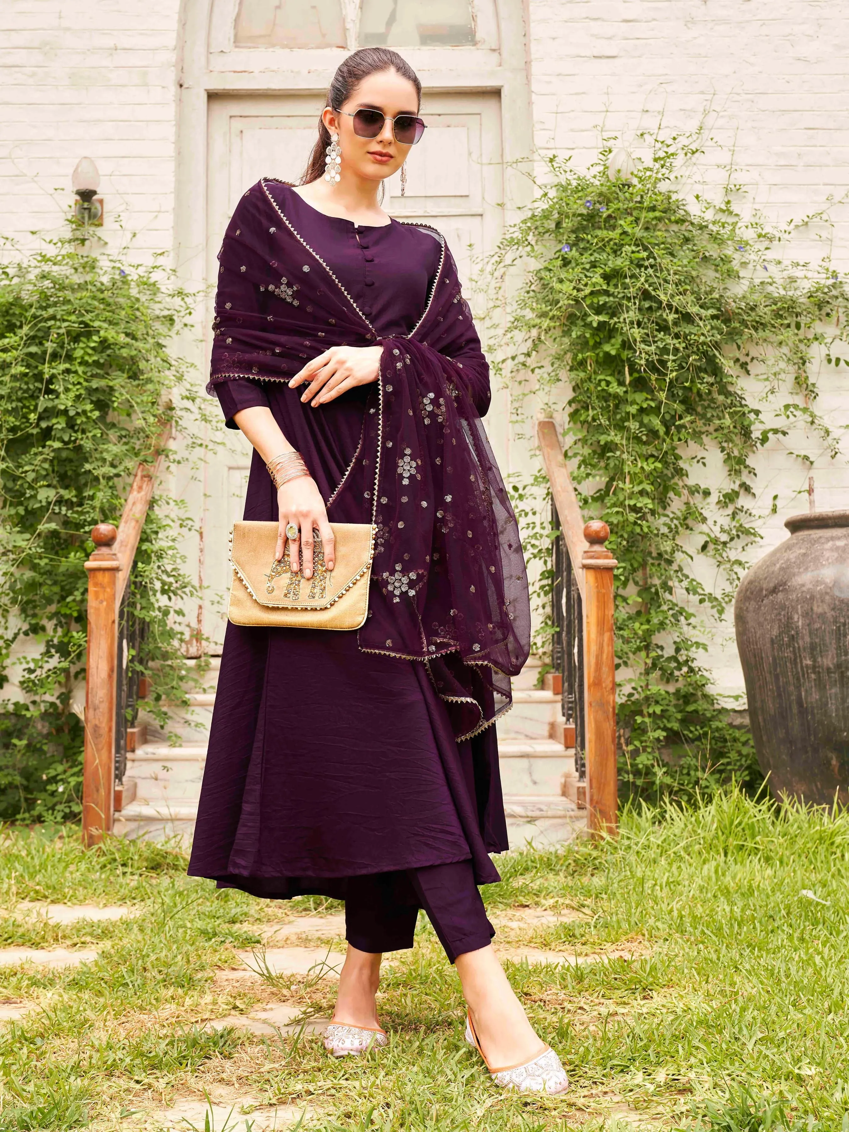 Burgundy Solid Poly Crepe A Line Suit Set with Net Zari Dupatta