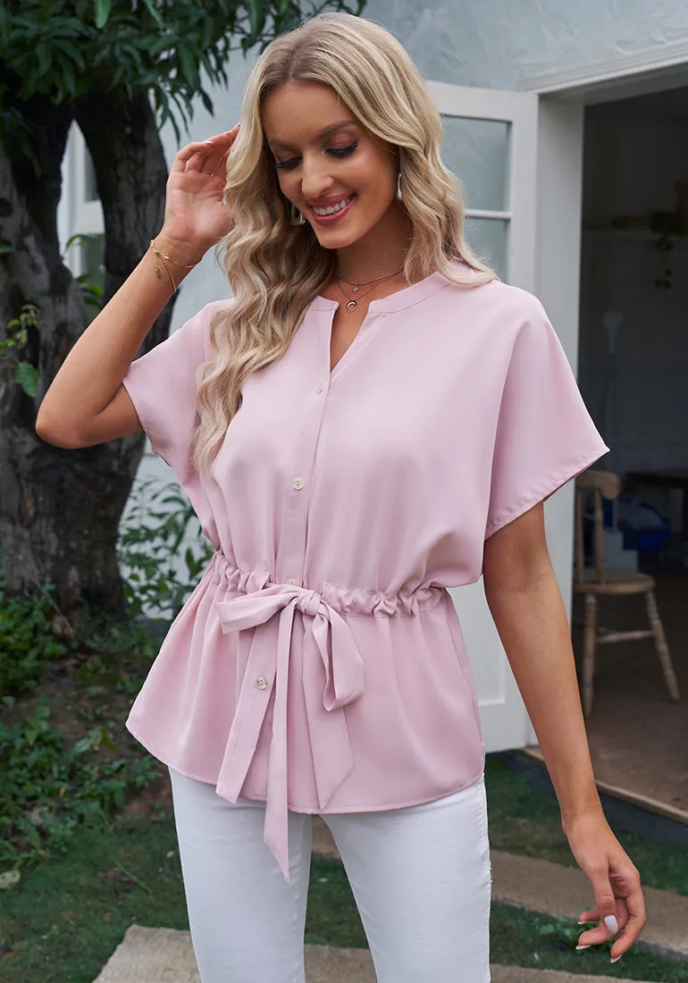 Candy Pink Women's Short Sleeve Office Blouse Button-Down Shirts