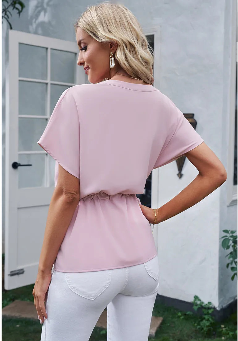 Candy Pink Women's Short Sleeve Office Blouse Button-Down Shirts