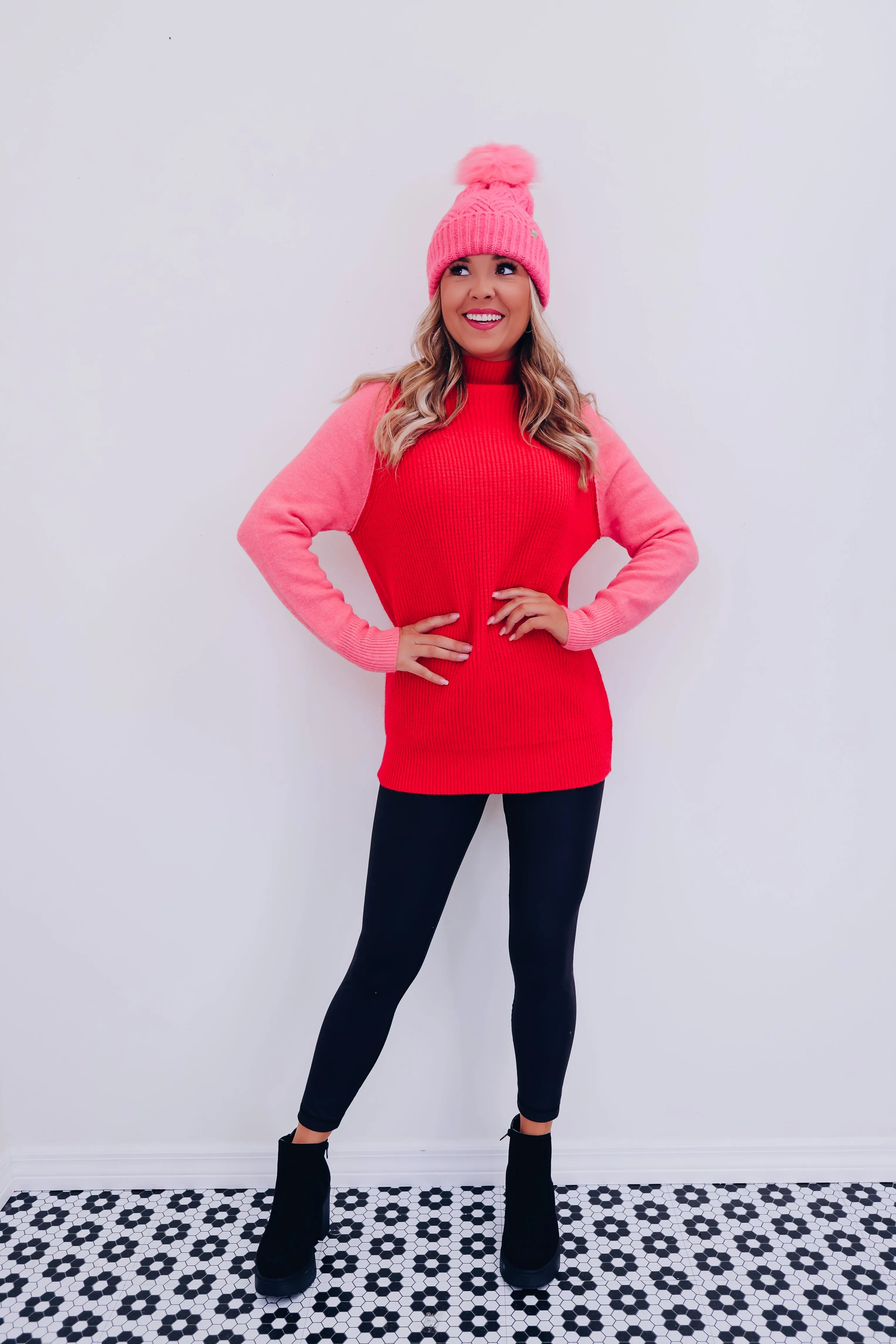 Canton Colorblock Tunic Sweater - Red/Pink