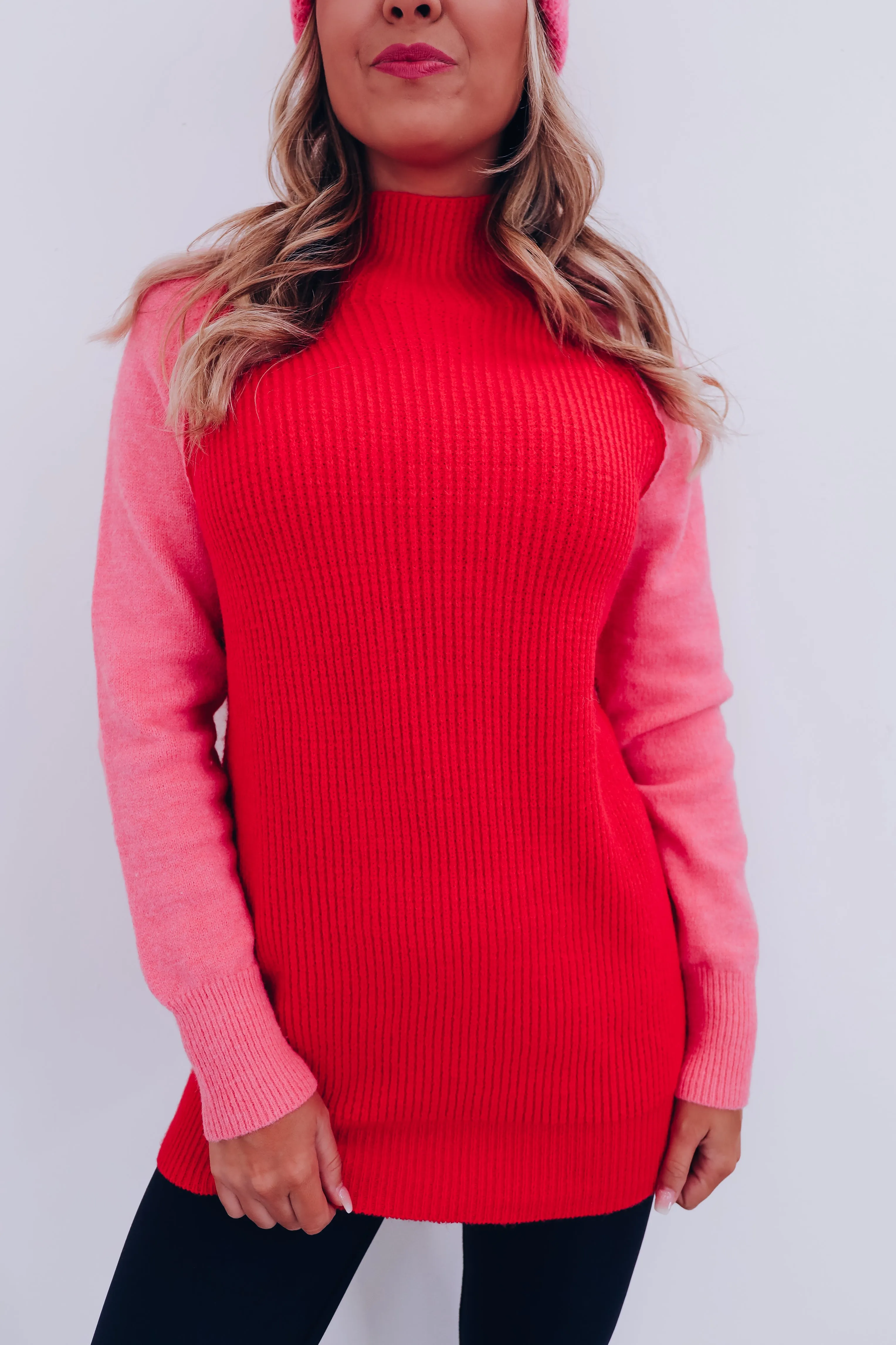 Canton Colorblock Tunic Sweater - Red/Pink