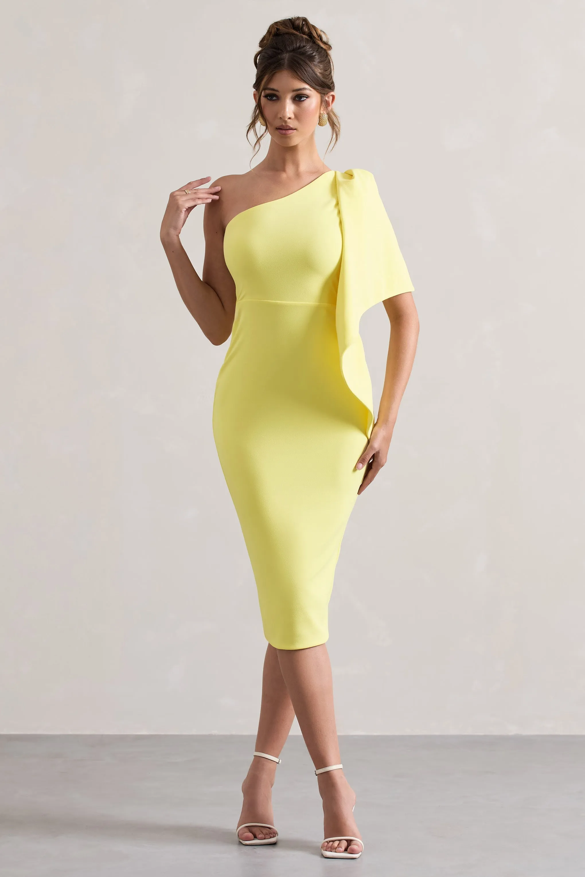 Carlana | Lemon Asymmetric Midi Dress With Ruffled Drape