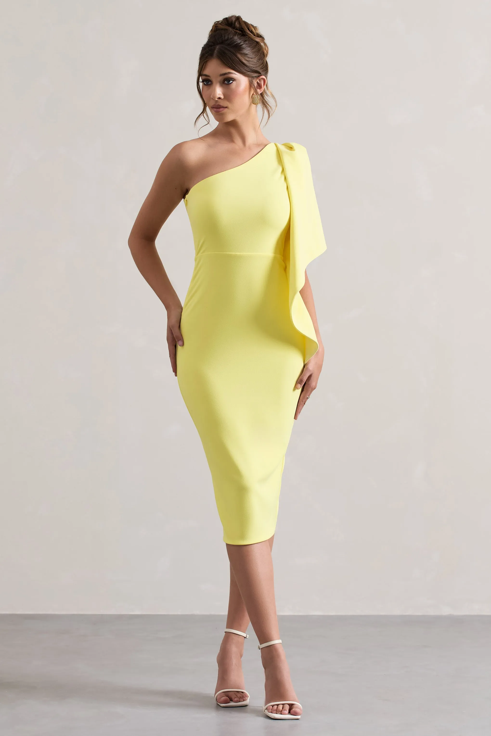 Carlana | Lemon Asymmetric Midi Dress With Ruffled Drape