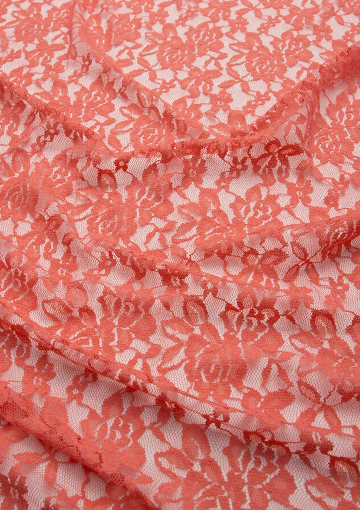 Coral Peach Lace Stretch Dress Material In A Rose Floral Pattern Flo Clrs Nylon Spandex 60"