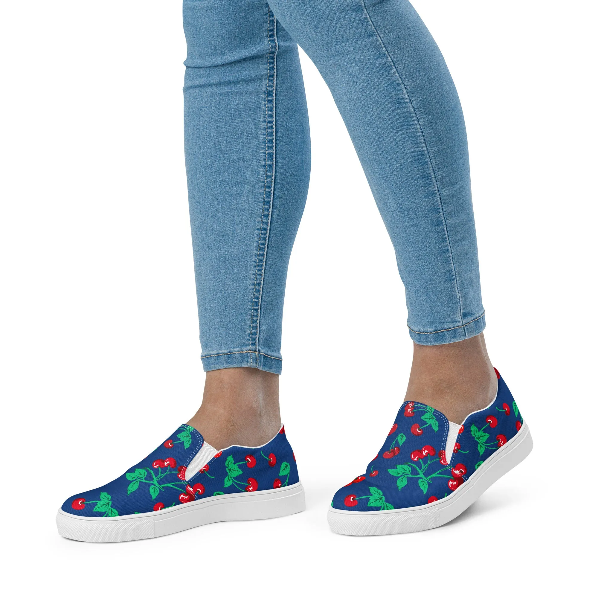 Dark Blue Cherry Girl Cherry Print Women’s Canvas Slip-On Deck Shoes | Pinup Couture Relaxed