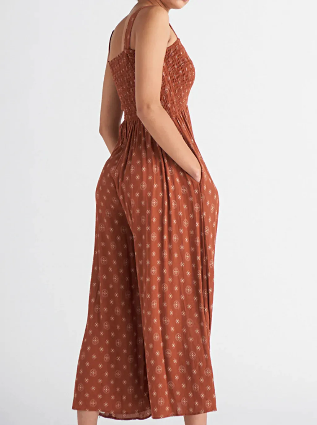 DEX Rust Printed Smocked Jumpsuit