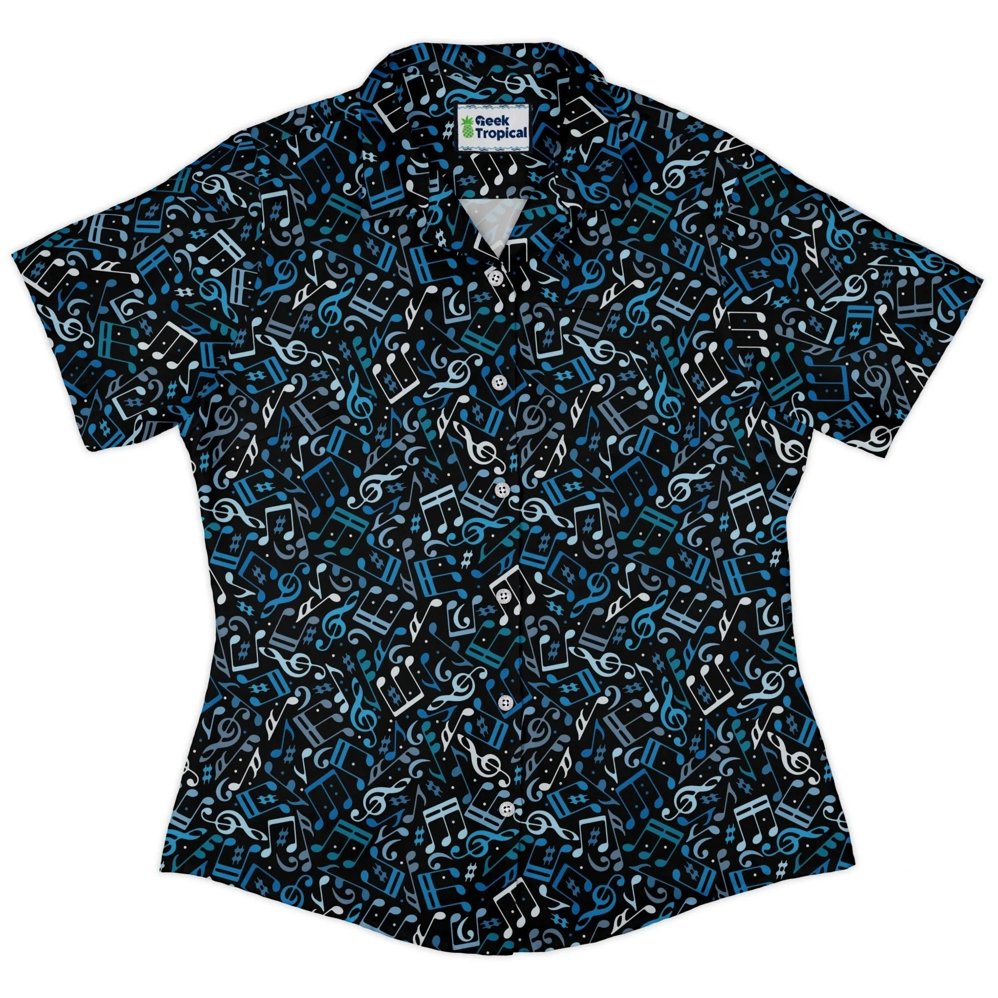 Dotted Blue Musical Notes Black Curvy Button Up Shirt