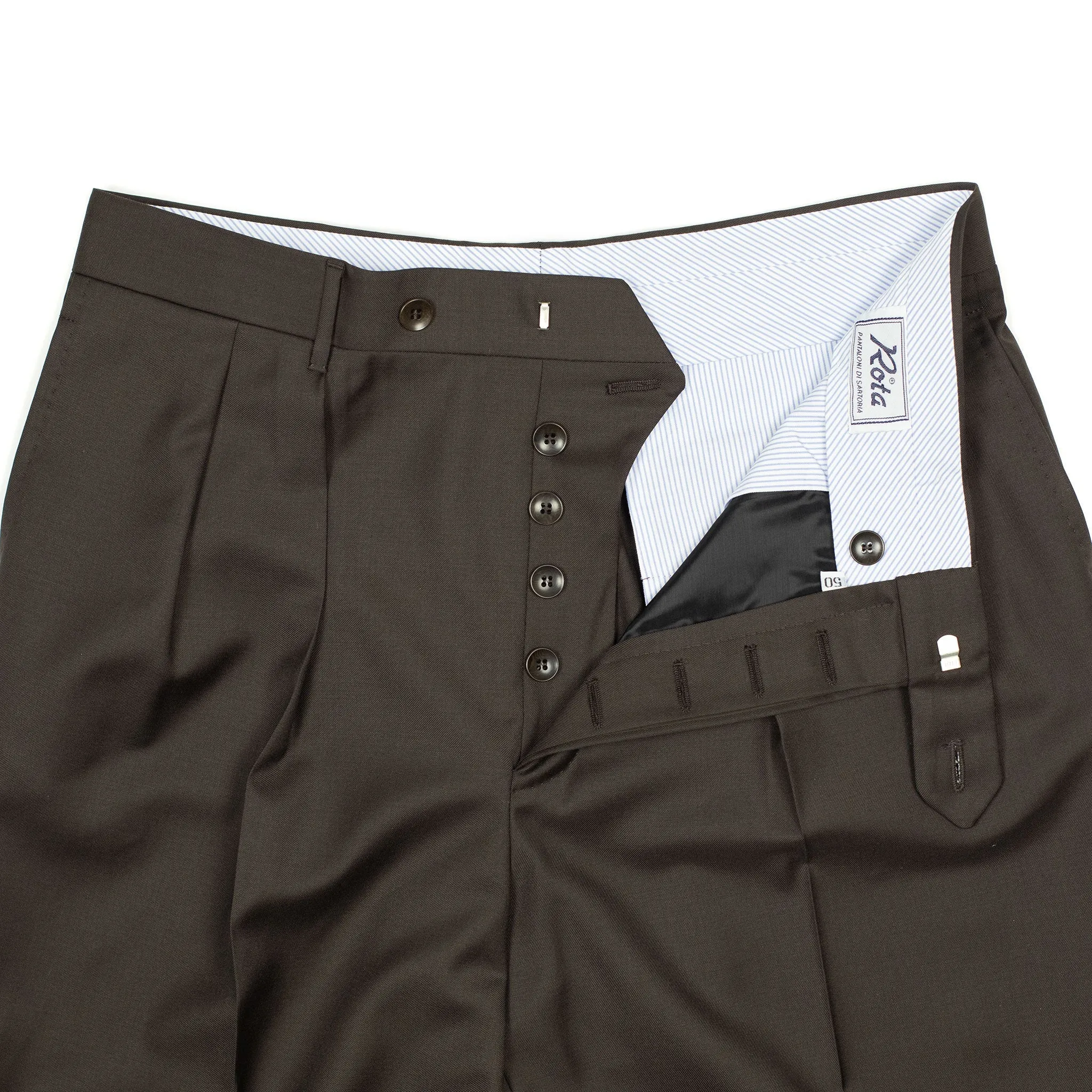 Exclusive Brooklyn double-pleated high-rise wide trousers in brown wool twill