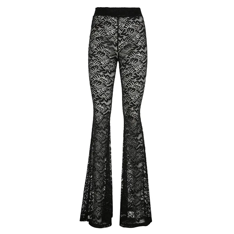 Fashion Black Skinny Lace Trousers Full Length Solid Transparent Sexy Party Thin Flared Pants Vintage Elegant Bottoms