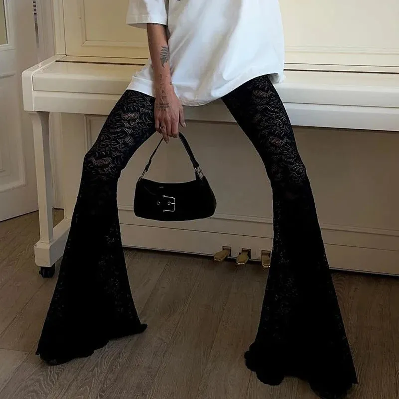 Fashion Black Skinny Lace Trousers Full Length Solid Transparent Sexy Party Thin Flared Pants Vintage Elegant Bottoms