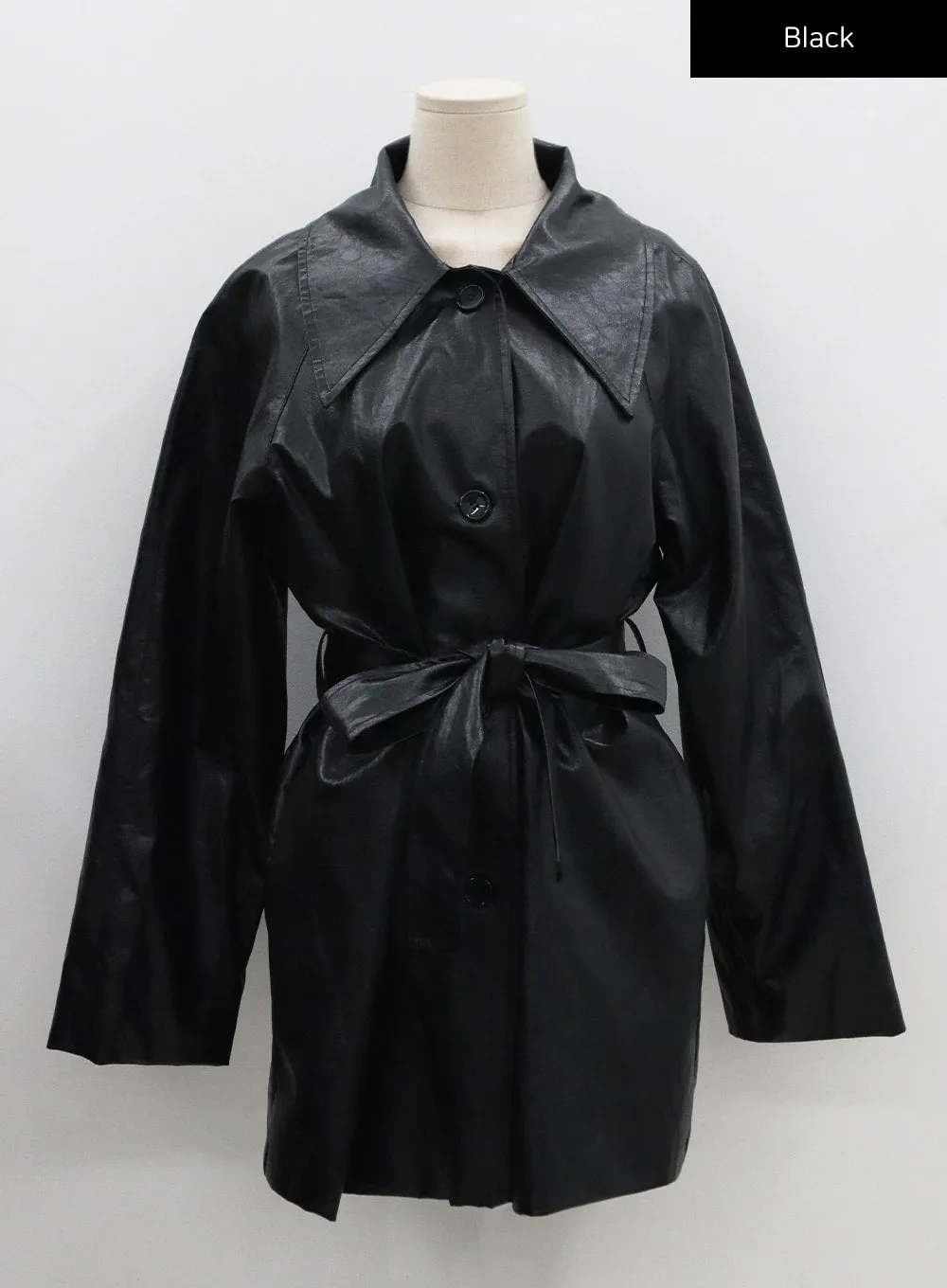 Faux Leather Trench Coat And Belt Ribbon Set CO26