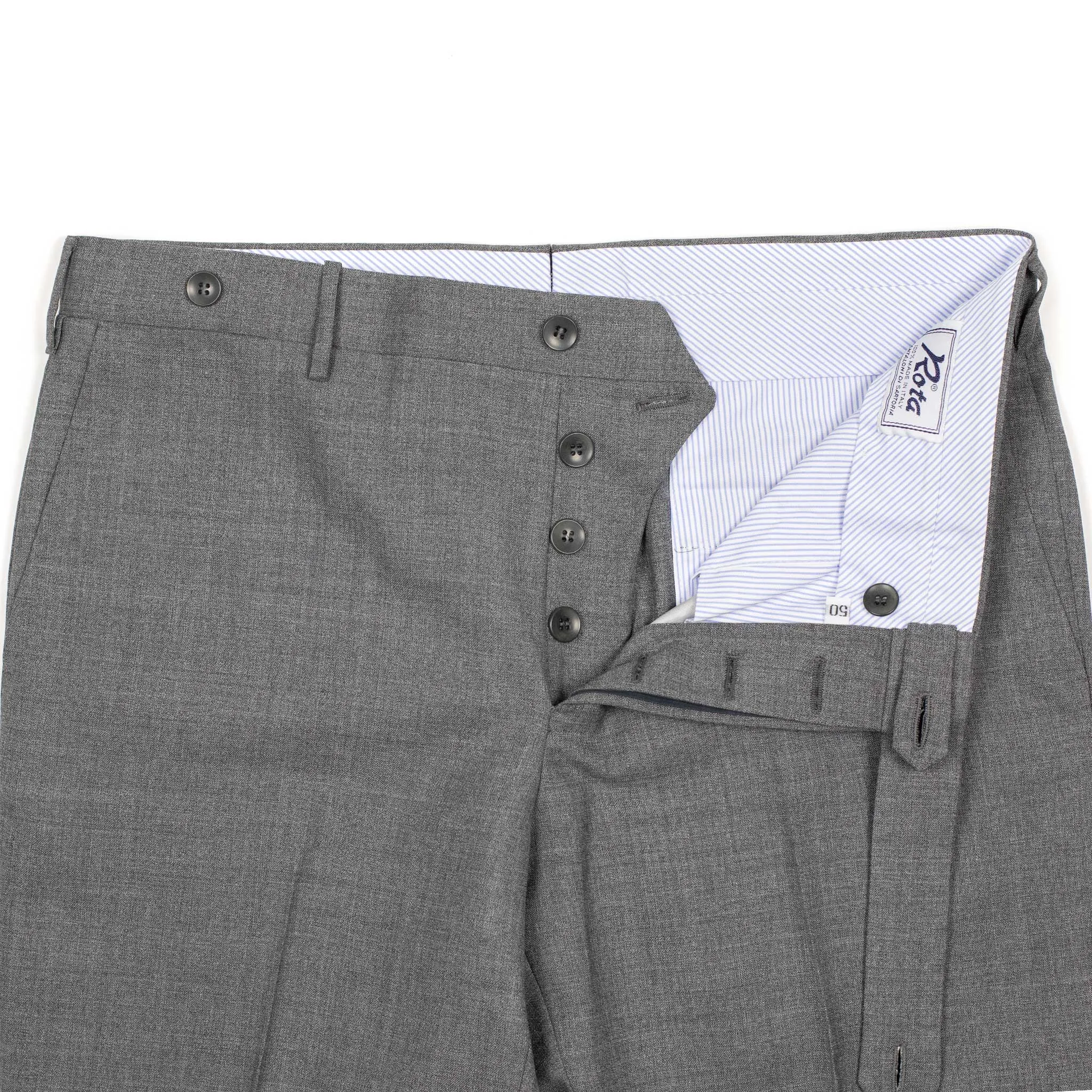 Flat-front trousers in medium grey lightweight fresco wool