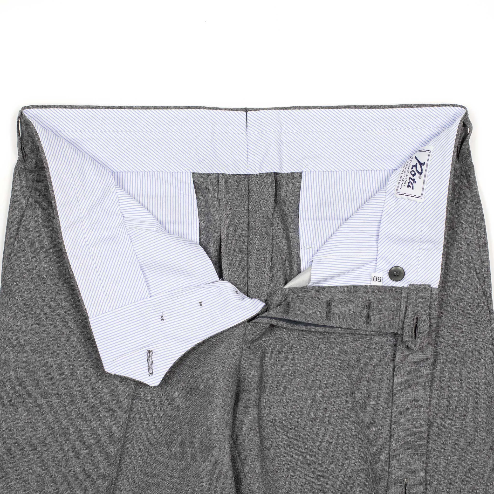 Flat-front trousers in medium grey lightweight fresco wool