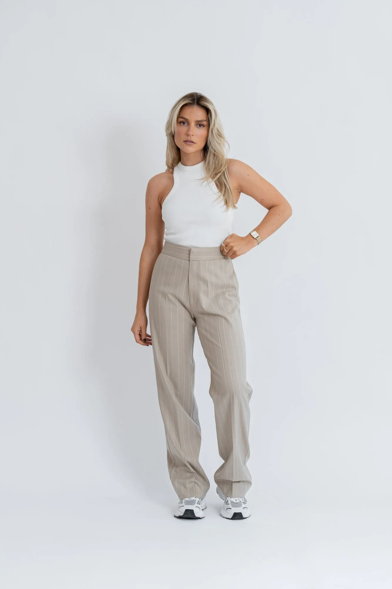 Frankie Pinstripe Trousers Beige