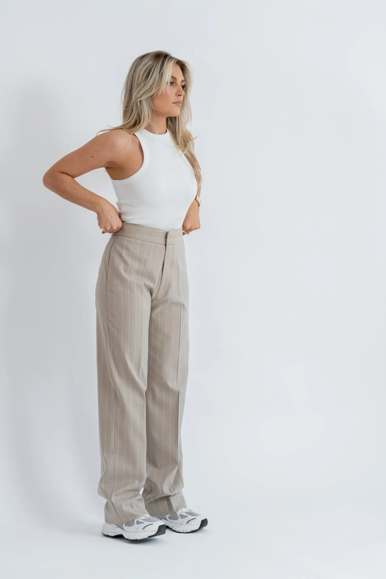 Frankie Pinstripe Trousers Beige