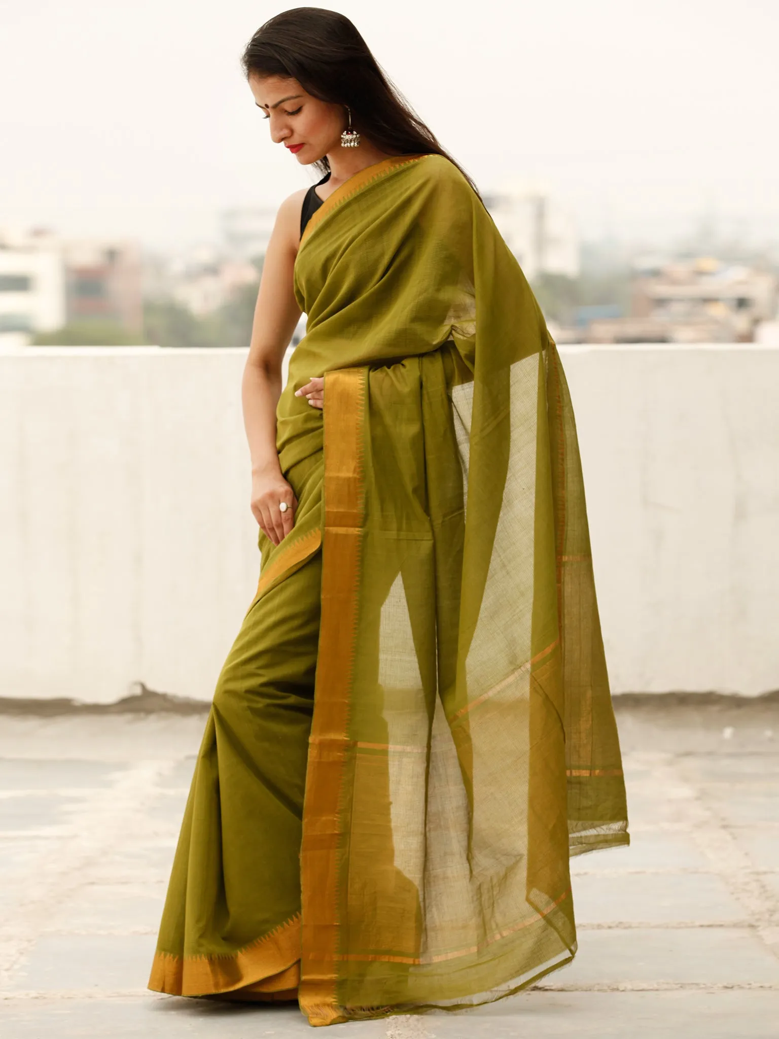 Green Handloom Mangalagiri Cotton Saree With Zari Border - S031703863