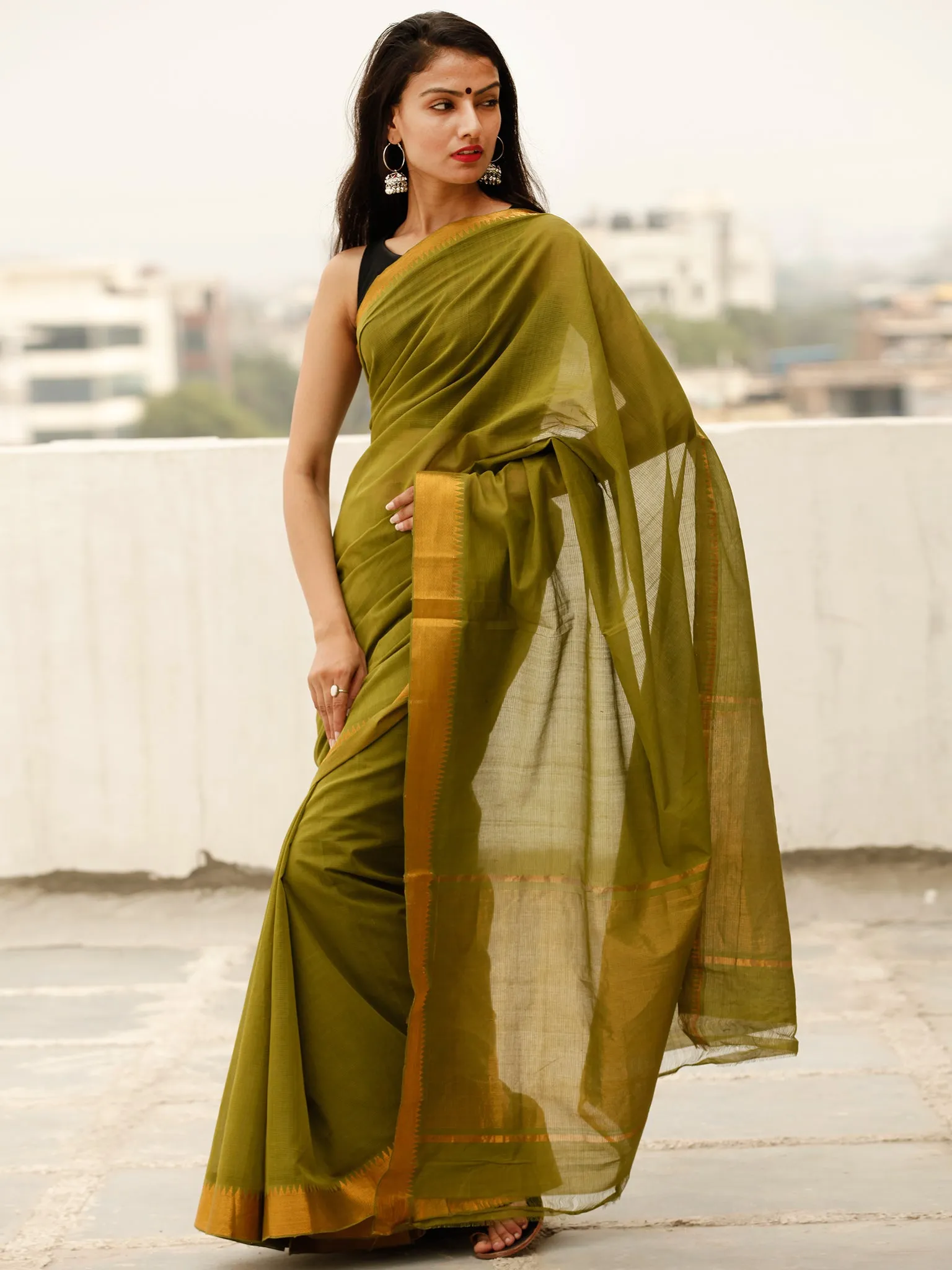 Green Handloom Mangalagiri Cotton Saree With Zari Border - S031703863