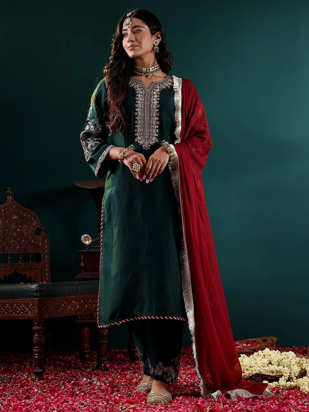 Green Silk Blend Zari & Sequins Embroidered Suit Set with Silk Chiffon Dupatta