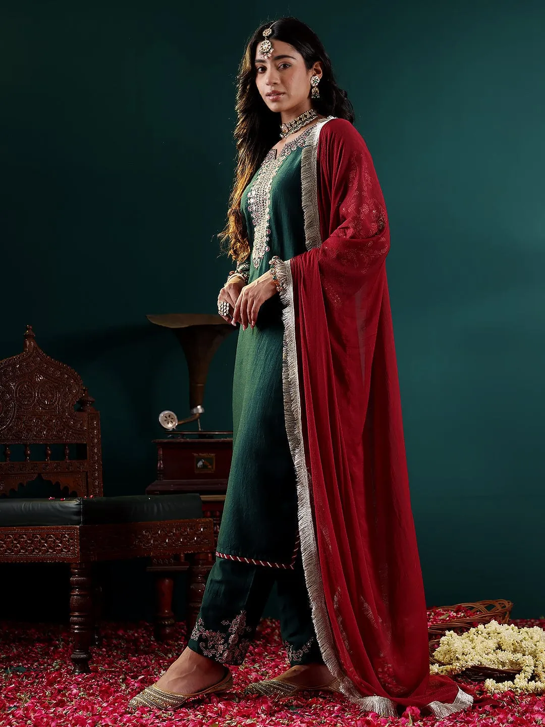 Green Silk Blend Zari & Sequins Embroidered Suit Set with Silk Chiffon Dupatta