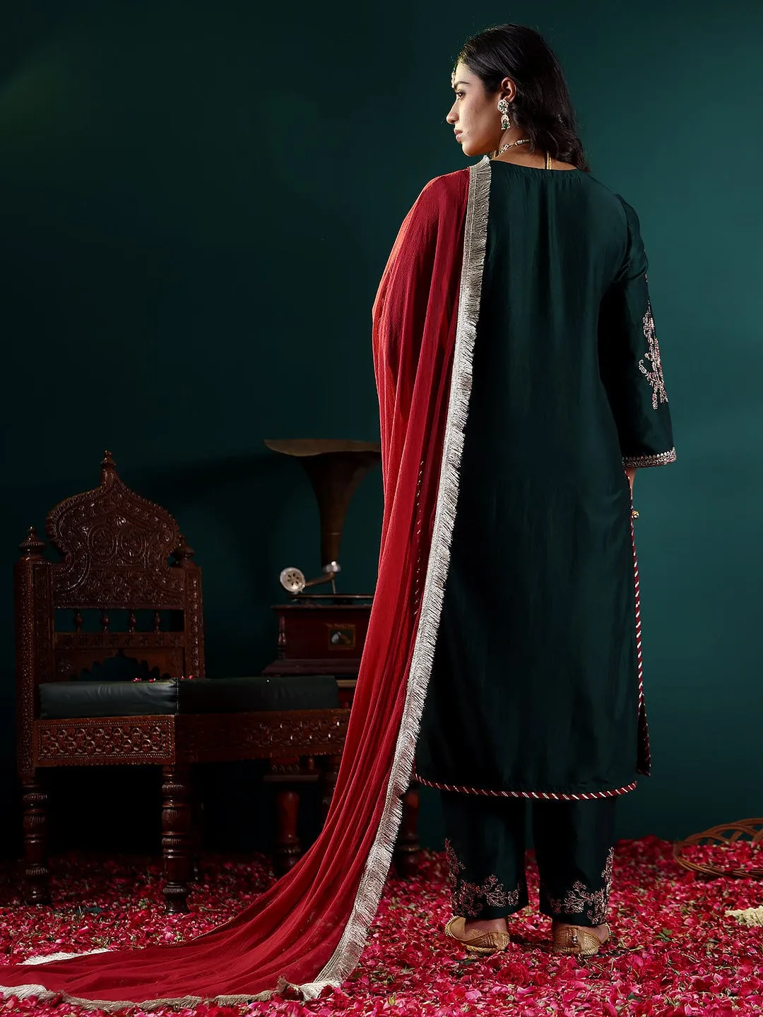 Green Silk Blend Zari & Sequins Embroidered Suit Set with Silk Chiffon Dupatta