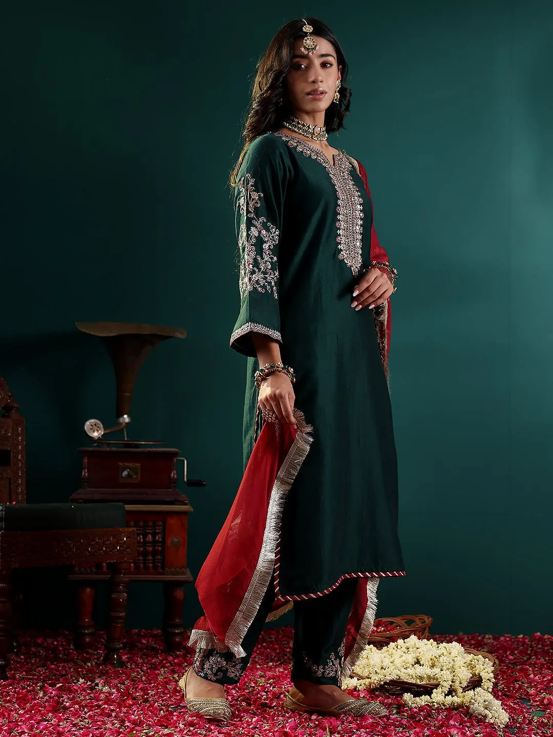 Green Silk Blend Zari & Sequins Embroidered Suit Set with Silk Chiffon Dupatta