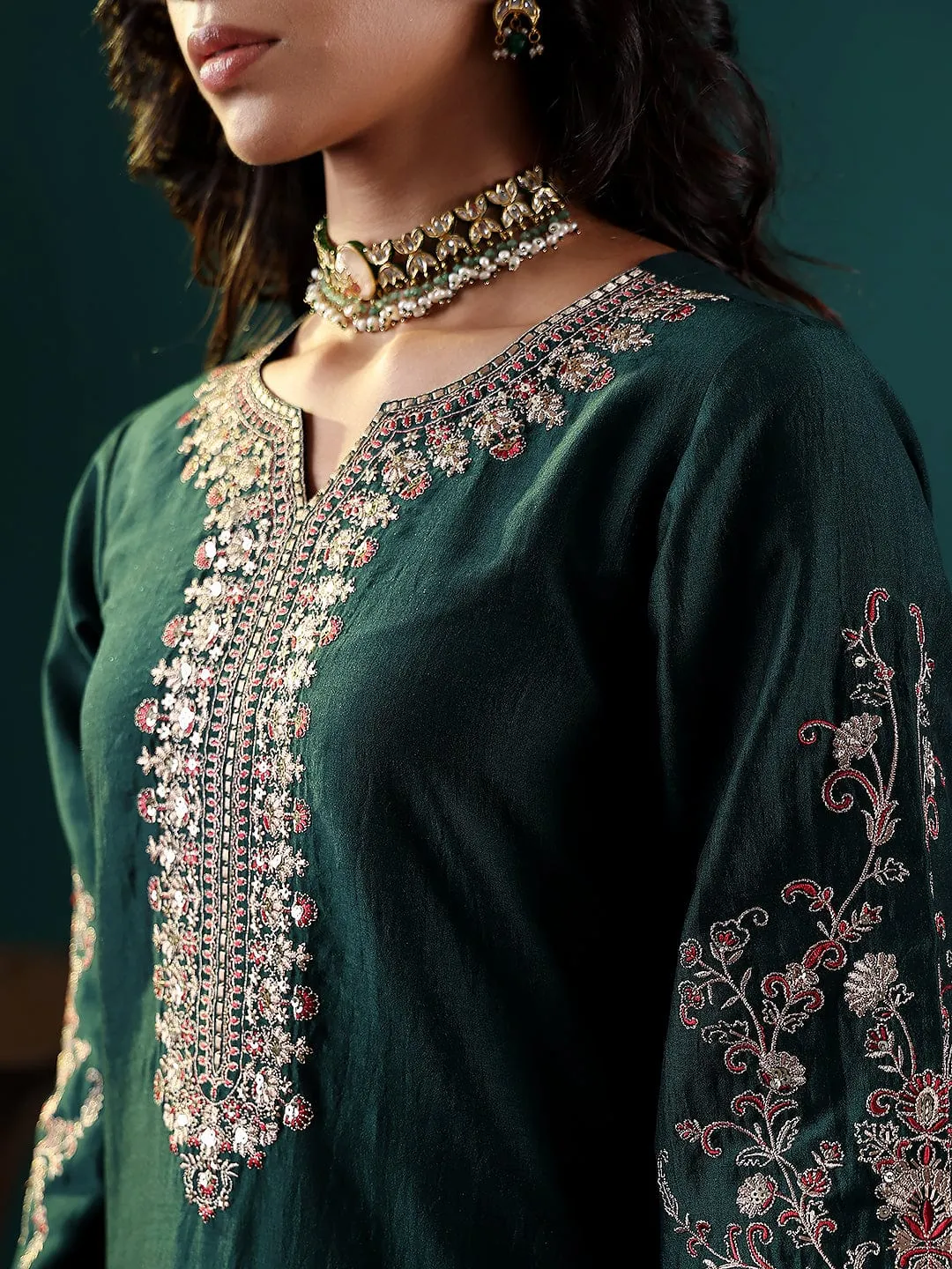 Green Silk Blend Zari & Sequins Embroidered Suit Set with Silk Chiffon Dupatta