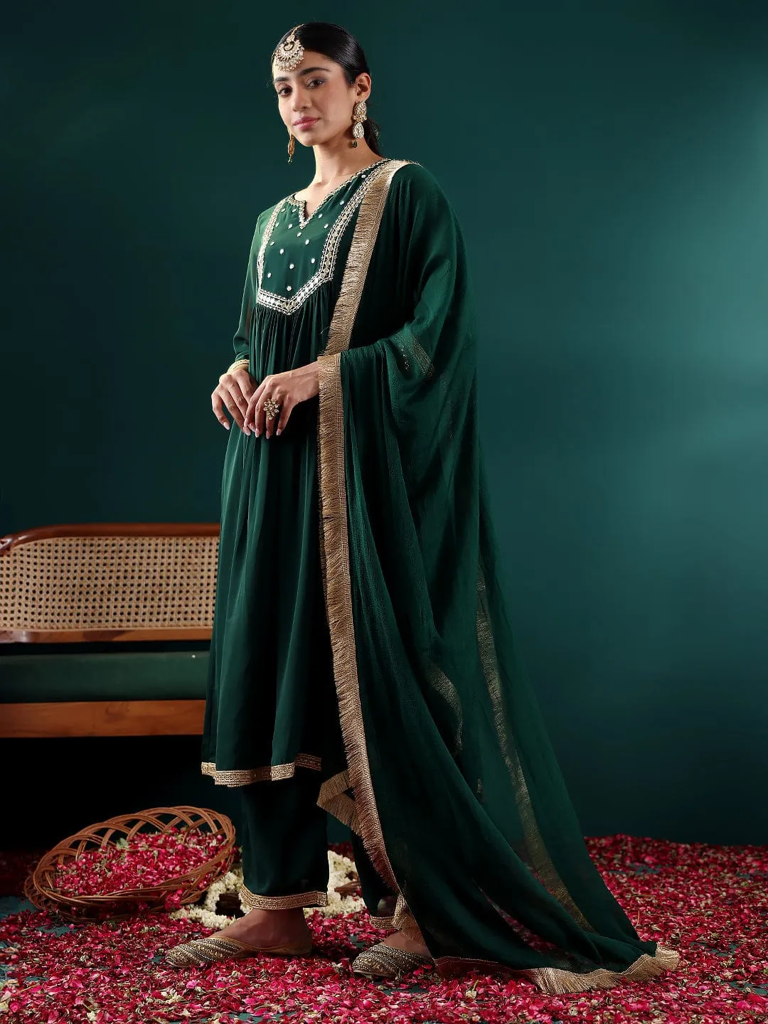 Green Silk Georgette Mirror Embroidered Suit Set with Silk Chiffon Dupatta