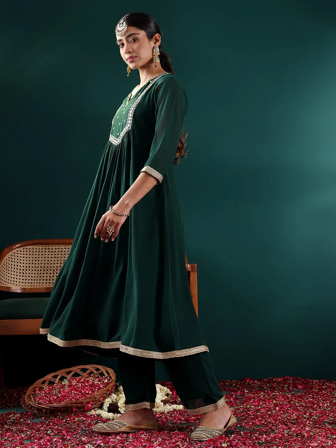 Green Silk Georgette Mirror Embroidered Suit Set with Silk Chiffon Dupatta