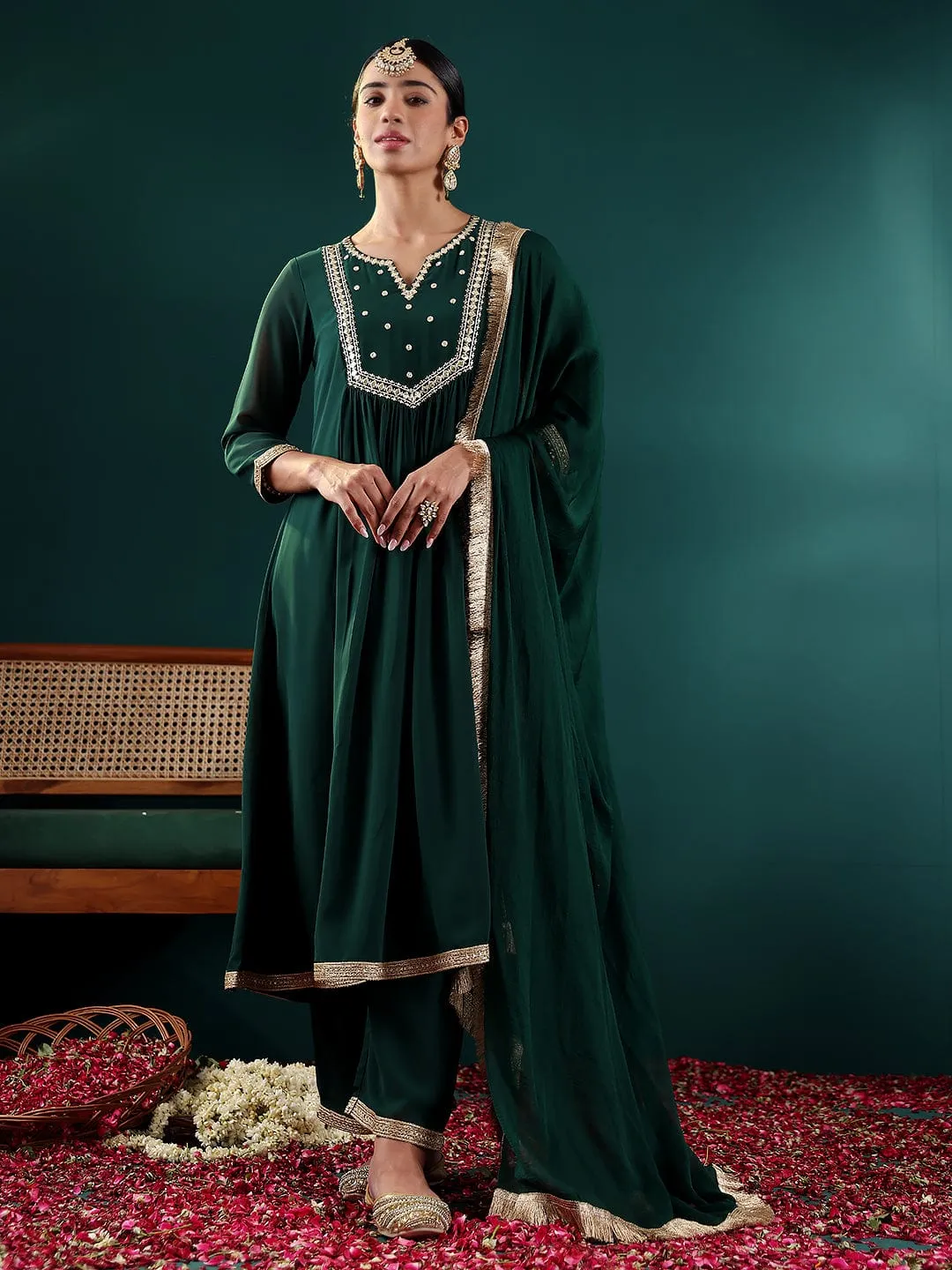 Green Silk Georgette Mirror Embroidered Suit Set with Silk Chiffon Dupatta