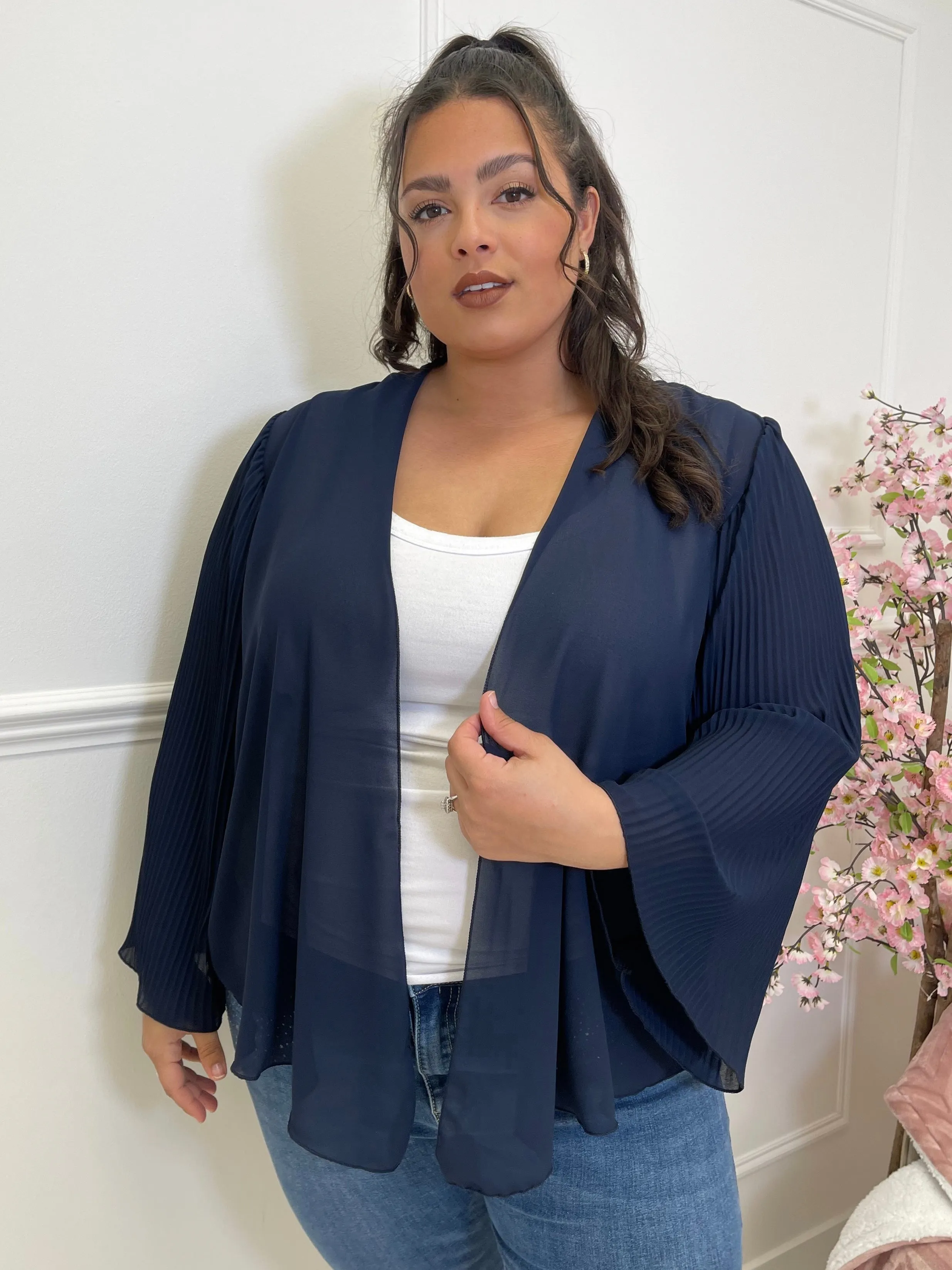 Harmony Navy Blue Sheer Elegant Pleated Sleeve Bolero