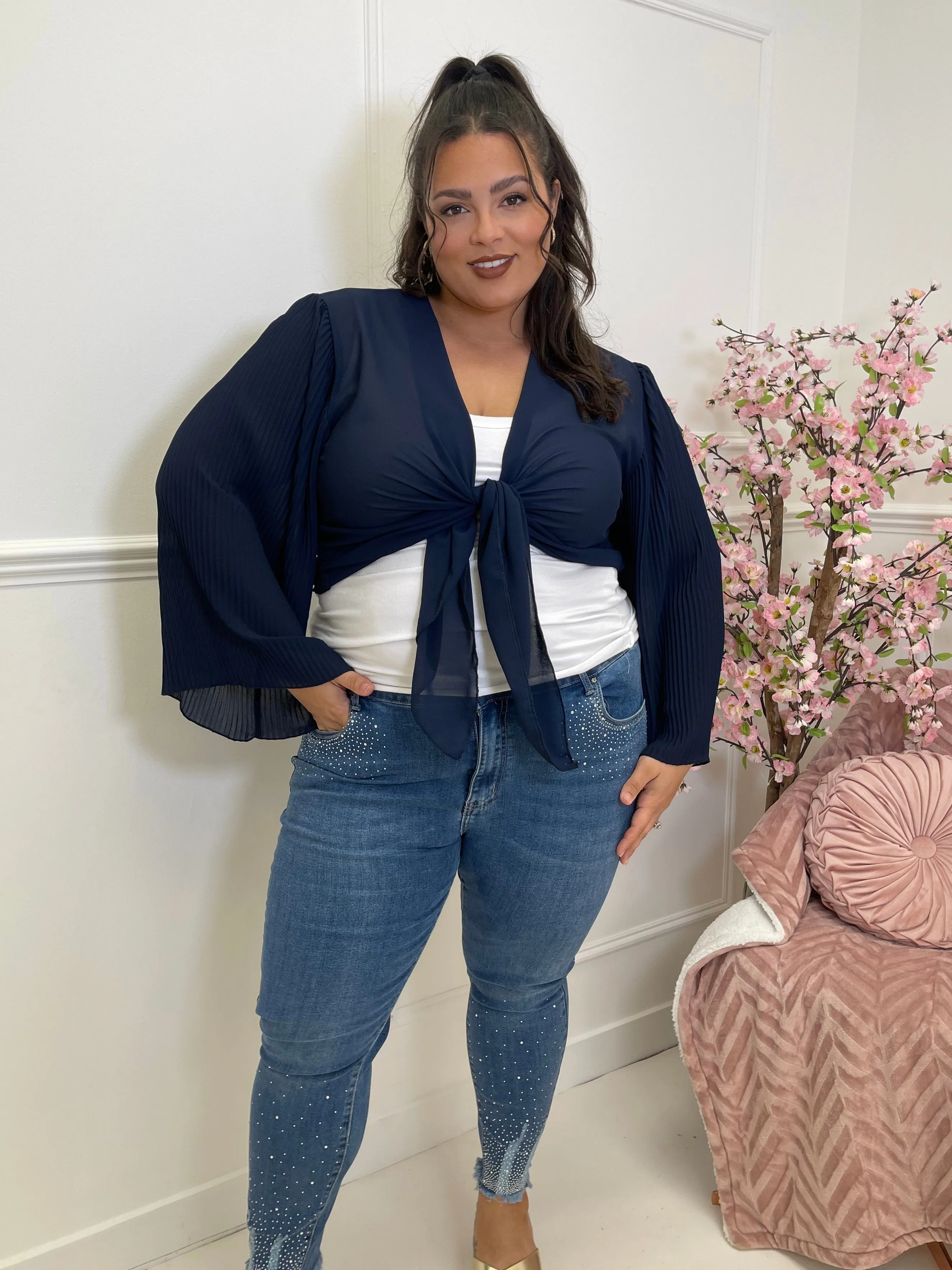 Harmony Navy Blue Sheer Elegant Pleated Sleeve Bolero