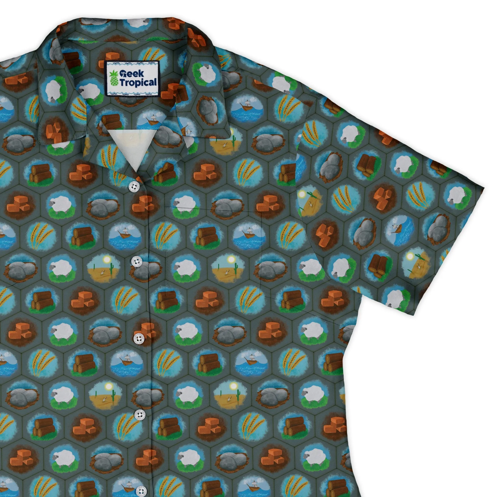 Hexagon Tile Game Symbols Curvy Button Up Shirt