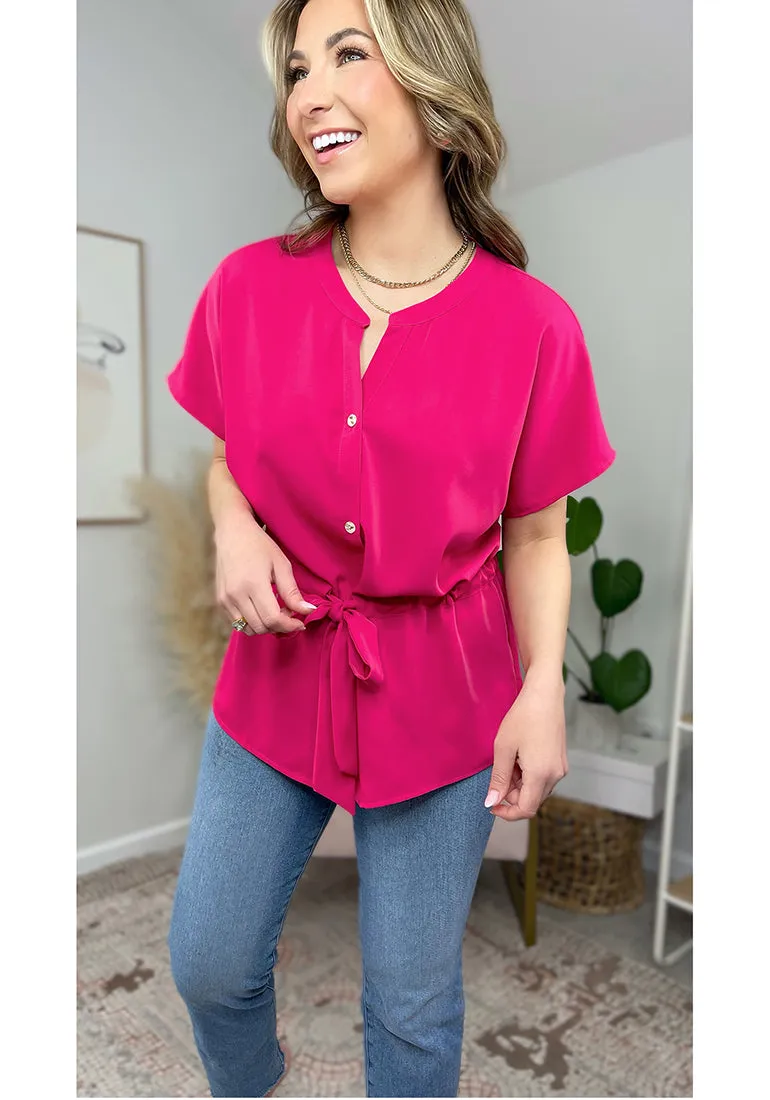 Hot Pink Women's Short Sleeve Office Blouse Button-Down Shirts