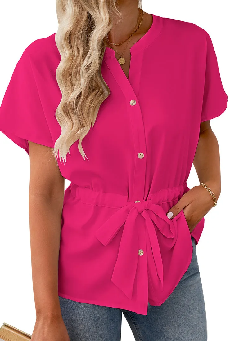 Hot Pink Women's Short Sleeve Office Blouse Button-Down Shirts