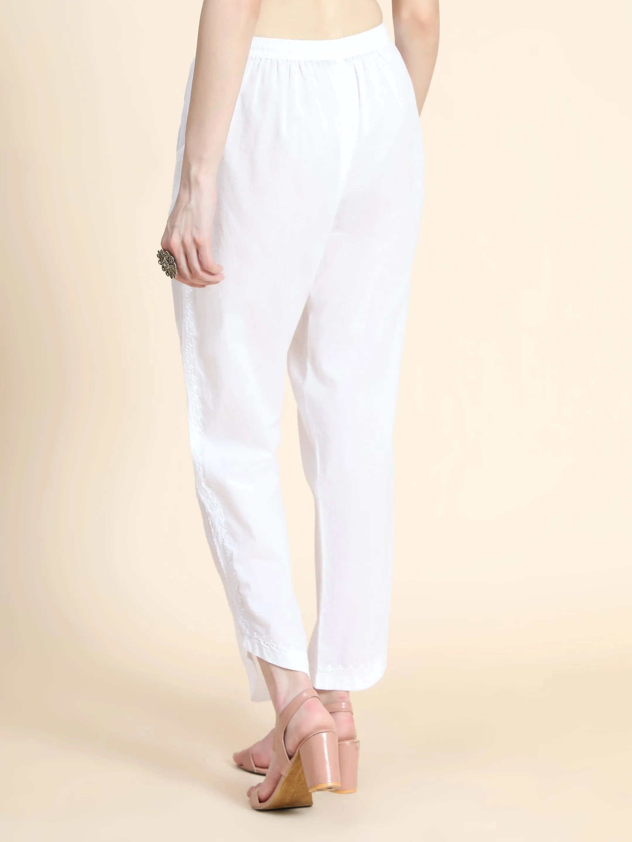 House Of Kari Chikankari Embroidered Cotton White Relaxed Pants Trousers-2