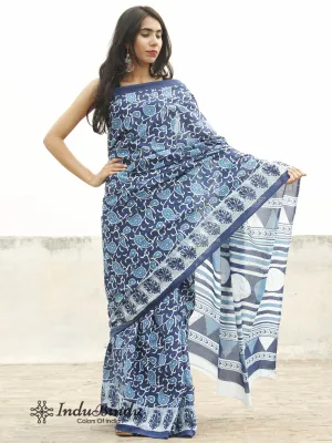 Indigo Blue White Hand Block Printed Cotton Saree In Natural Colors - S031702370