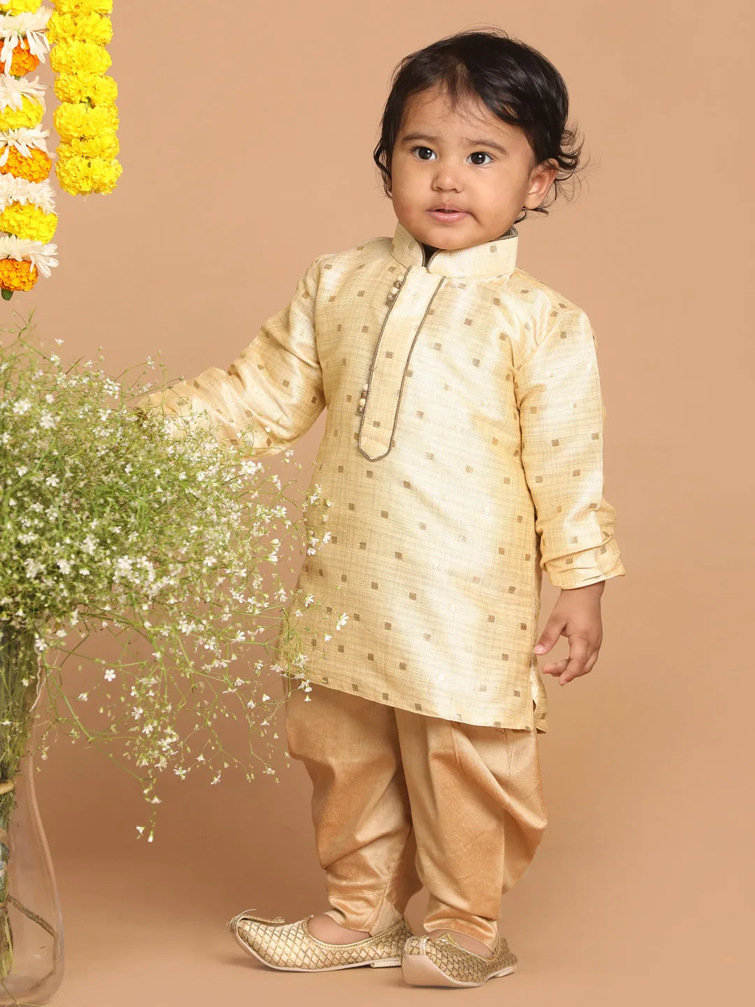 Jashvi Boy's Gold Woven Design Kurta With Dhoti Set